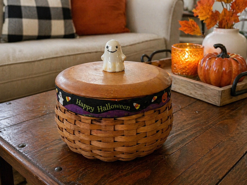 Longaberger 2004 Happy Halloween Candy Basket Lid Ghost Knob Liner Protector